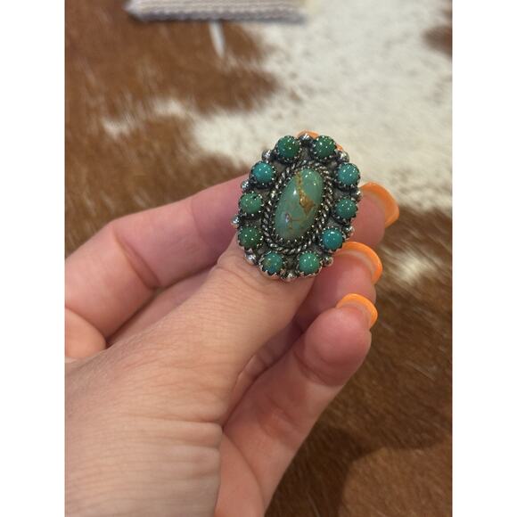 Native American 925 SW Sterling Silver & Green Turquoise Cluster Ring🌵Snake Eye - Picture 10 of 11